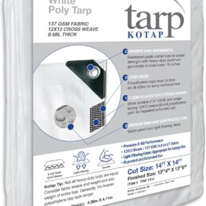 Kotap 14 x 14 Ft. Heavy-Duty Protection/Coverage Tarp, Superior Weave for Greater Longevity 8-mil, Multi-Use, Waterproof, White, 1-Pack (TRW-1414)