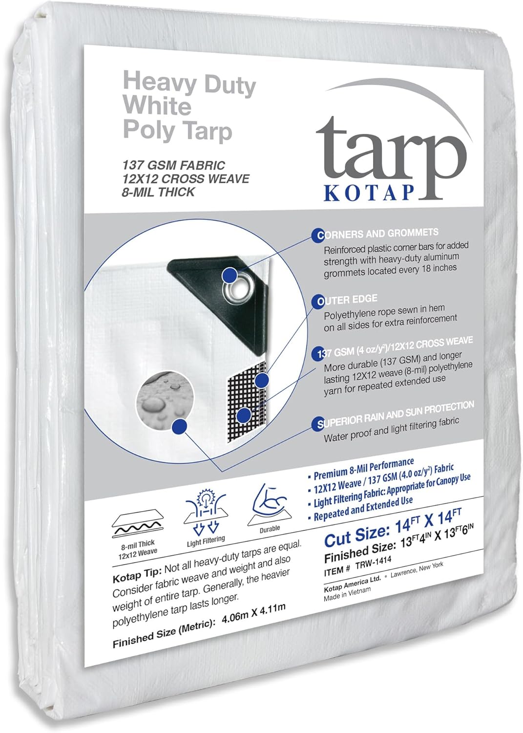 Kotap 14 x 14 Ft. Heavy-Duty Protection/Coverage Tarp, Superior Weave for Greater Longevity 8-mil, Multi-Use, Waterproof, White, 1-Pack (TRW-1414)