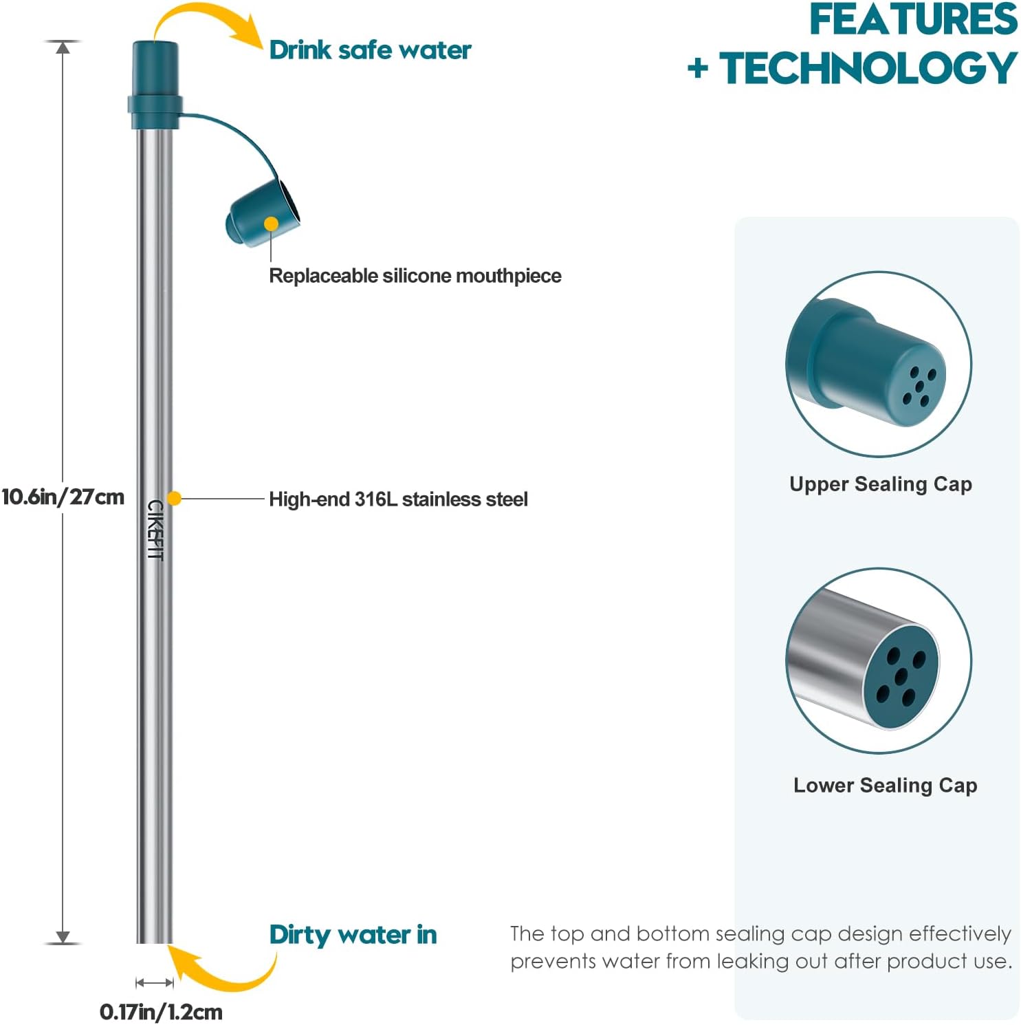 Portable Water Filter Straw, 316L Stainless Steel Reusable Personal Water Purifier for Camping Hiking Backpacking Travel, Emergency Survival Gear (Light Blue,1 Pcs) - Image 3